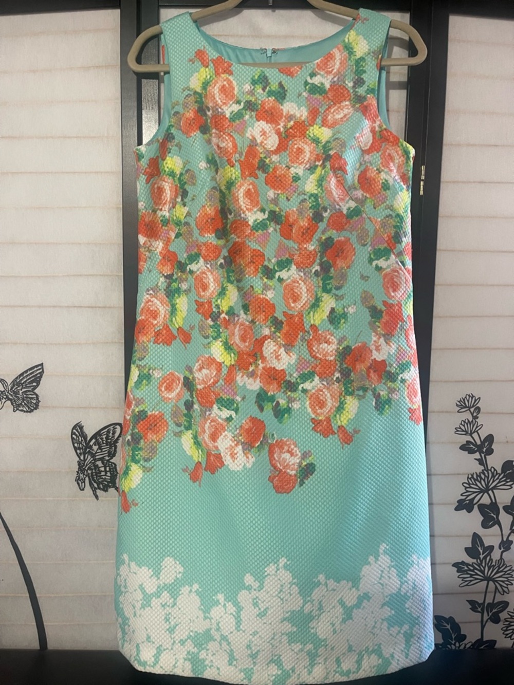 Donna Ricco Aqua Floral Sheath Dress with Coral and White Blooms